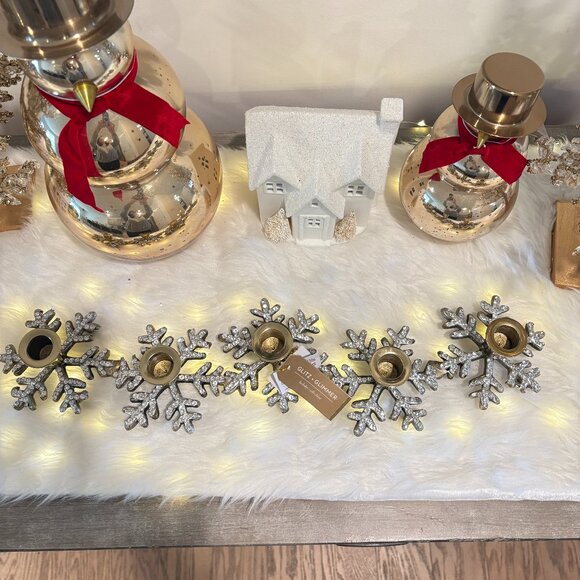 Holiday Gold Brass Metal 5 Taper Candelabra Centerpiece Snowflakes Rhinestone - Picture 2 of 9